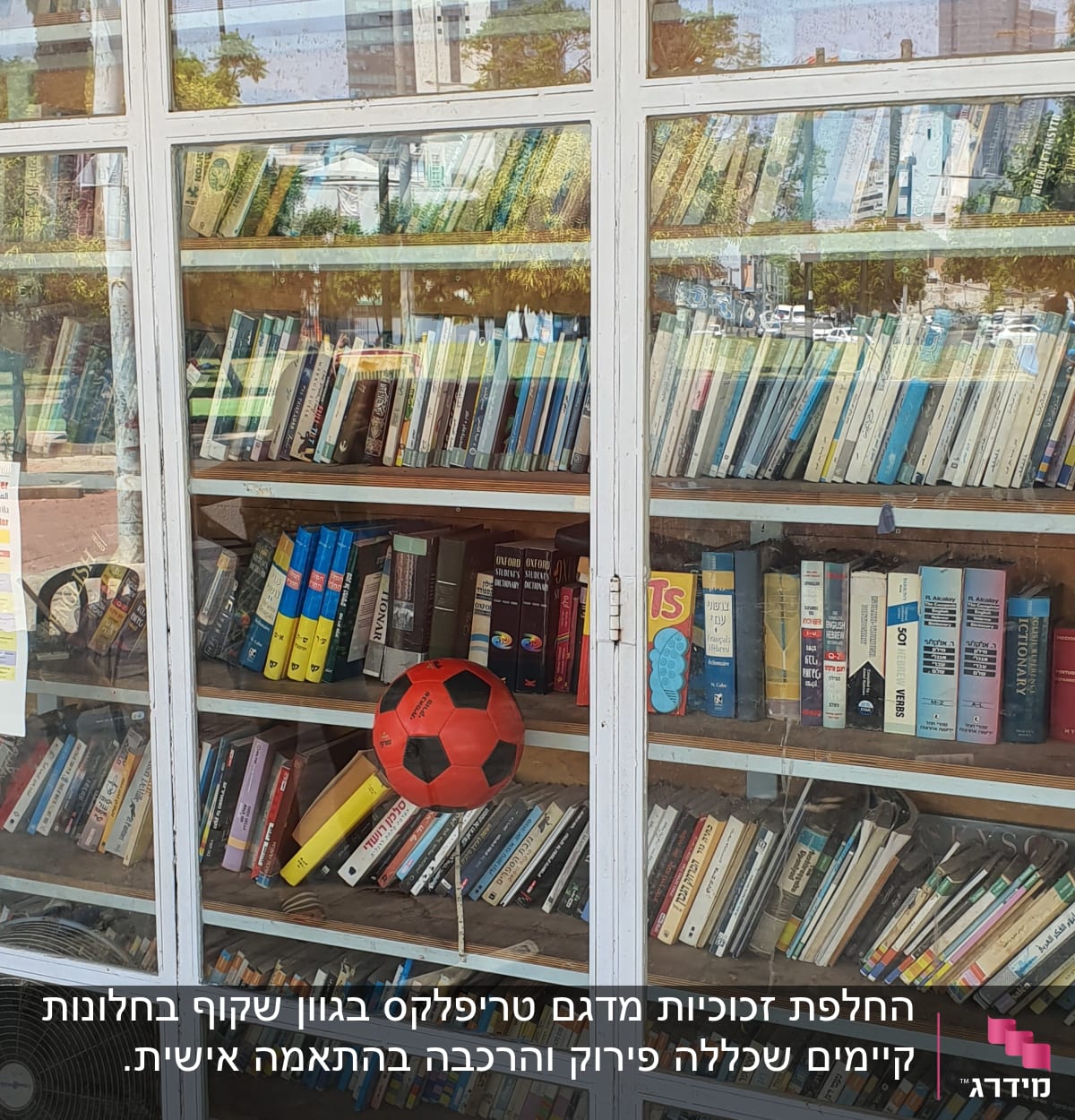 ארון זכוכית עם ספרים משתקפים